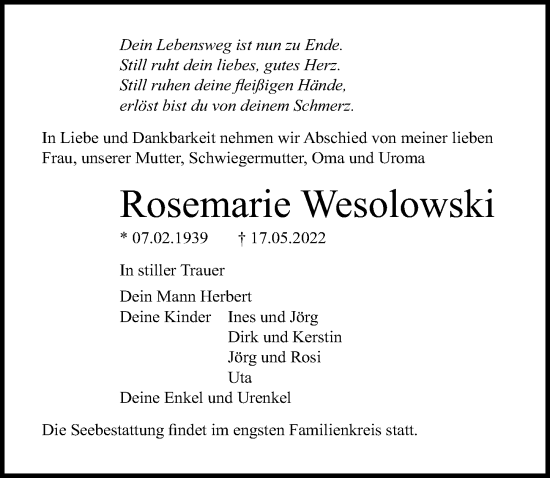 Traueranzeige von Rosemarie Wesolowski von Ostsee-Zeitung GmbH