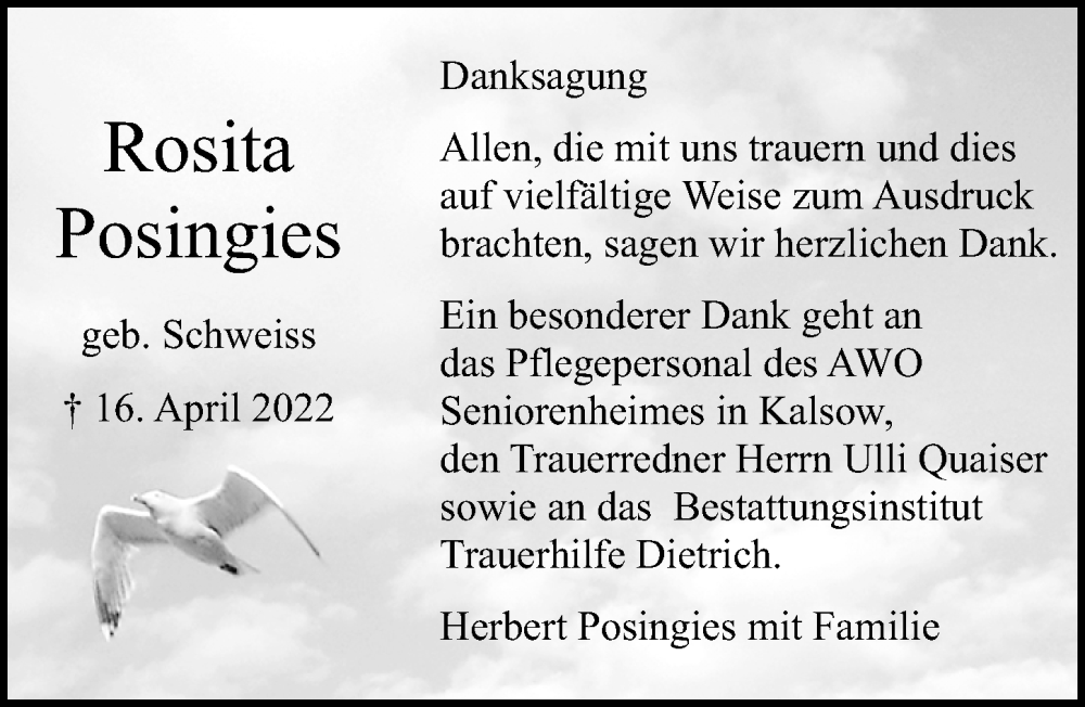  Traueranzeige für Rosita Posingies vom 07.05.2022 aus Ostsee-Zeitung GmbH