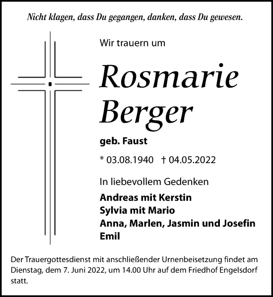Traueranzeige von Rosmarie Berger von Leipziger Volkszeitung