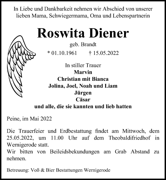 Traueranzeige von Roswita Diener von Peiner Allgemeine Zeitung
