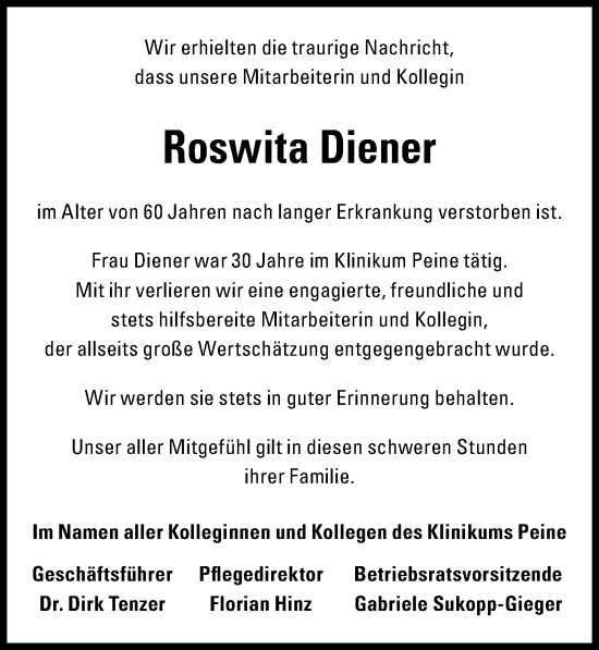 Traueranzeige von Roswita Diener von Peiner Allgemeine Zeitung