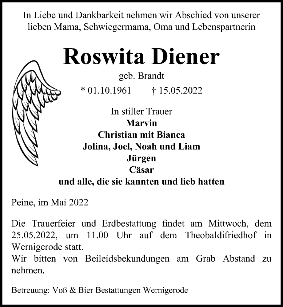  Traueranzeige für Roswita Diener vom 21.05.2022 aus Peiner Allgemeine Zeitung