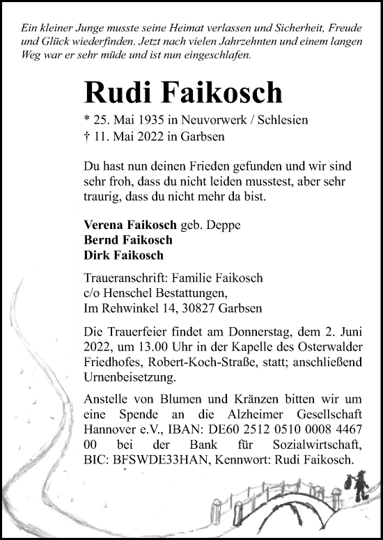 Traueranzeige von Rudi Faikosch von Hannoversche Allgemeine Zeitung/Neue Presse