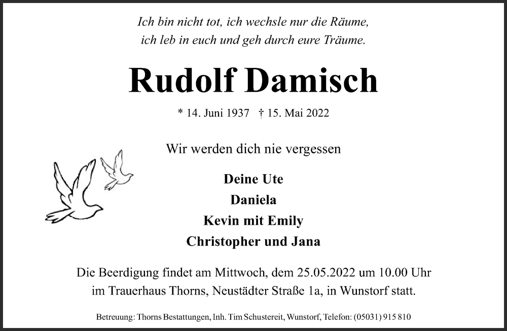  Traueranzeige für Rudolf Damisch vom 21.05.2022 aus Hannoversche Allgemeine Zeitung/Neue Presse