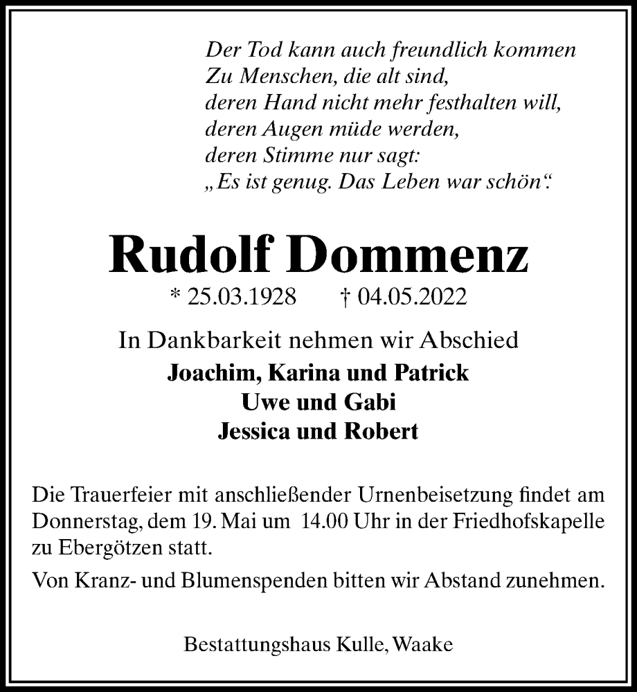  Traueranzeige für Rudolf Dommenz vom 14.05.2022 aus Göttinger Tageblatt
