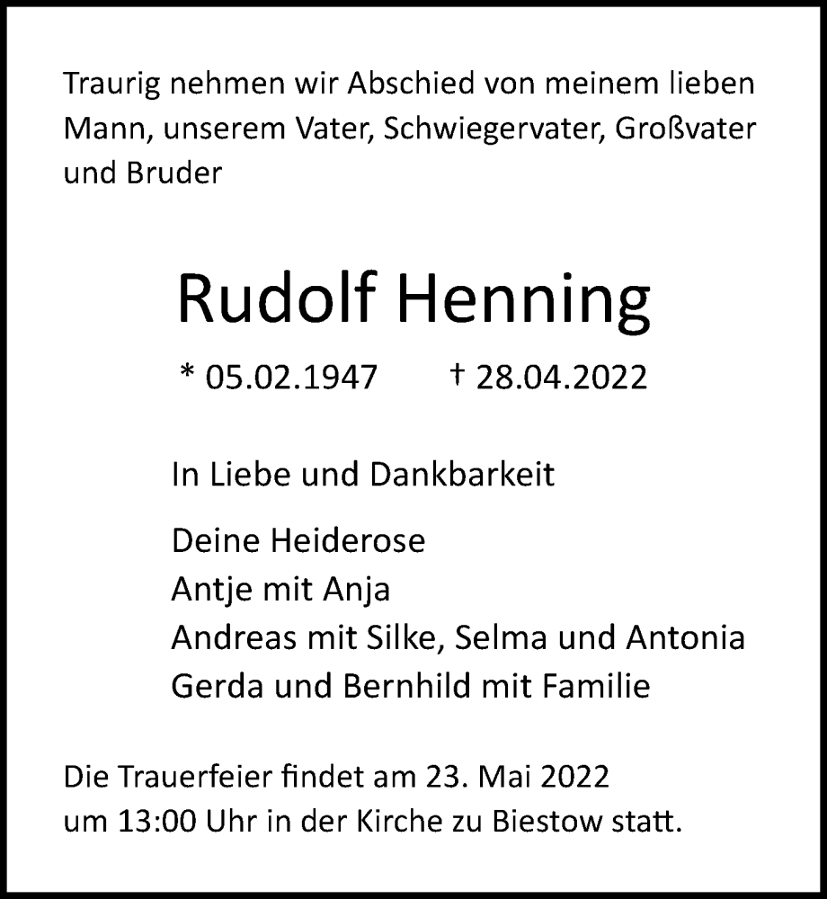  Traueranzeige für Rudolf Henning vom 14.05.2022 aus Ostsee-Zeitung GmbH