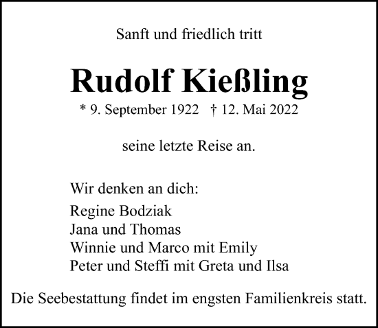 Traueranzeige von Rudolf Kießling von Lübecker Nachrichten