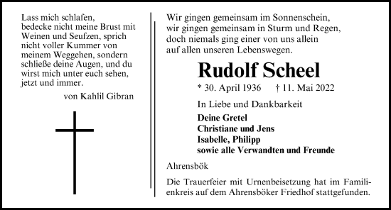 Traueranzeige von Rudolf Scheel von Lübecker Nachrichten