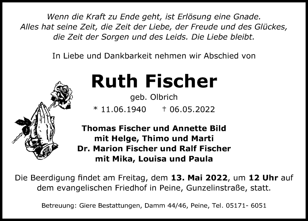  Traueranzeige für Ruth Fischer vom 11.05.2022 aus Peiner Allgemeine Zeitung