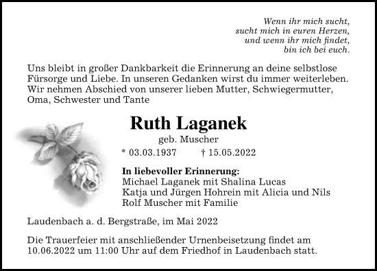 Traueranzeige von Ruth Laganek von Märkischen Allgemeine Zeitung