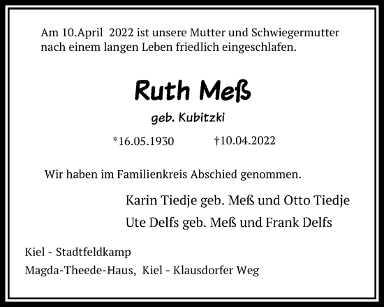 Traueranzeige von Ruth Meß von Kieler Nachrichten
