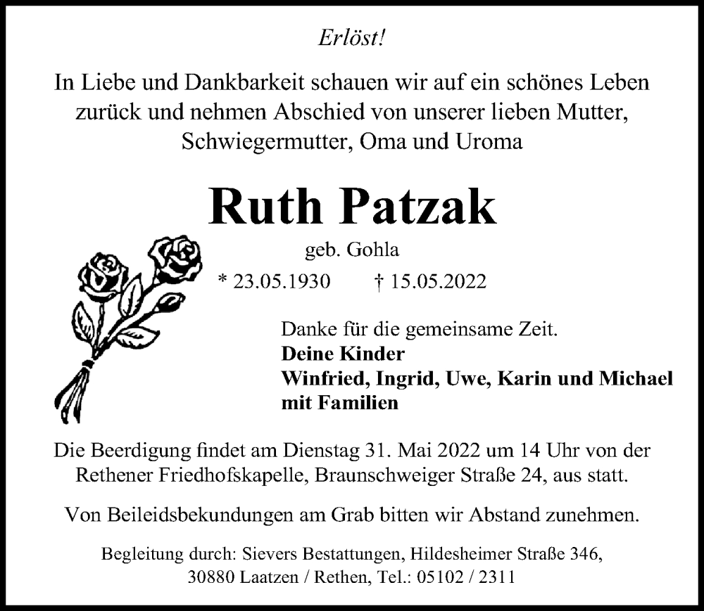  Traueranzeige für Ruth Patzak vom 21.05.2022 aus Hannoversche Allgemeine Zeitung/Neue Presse