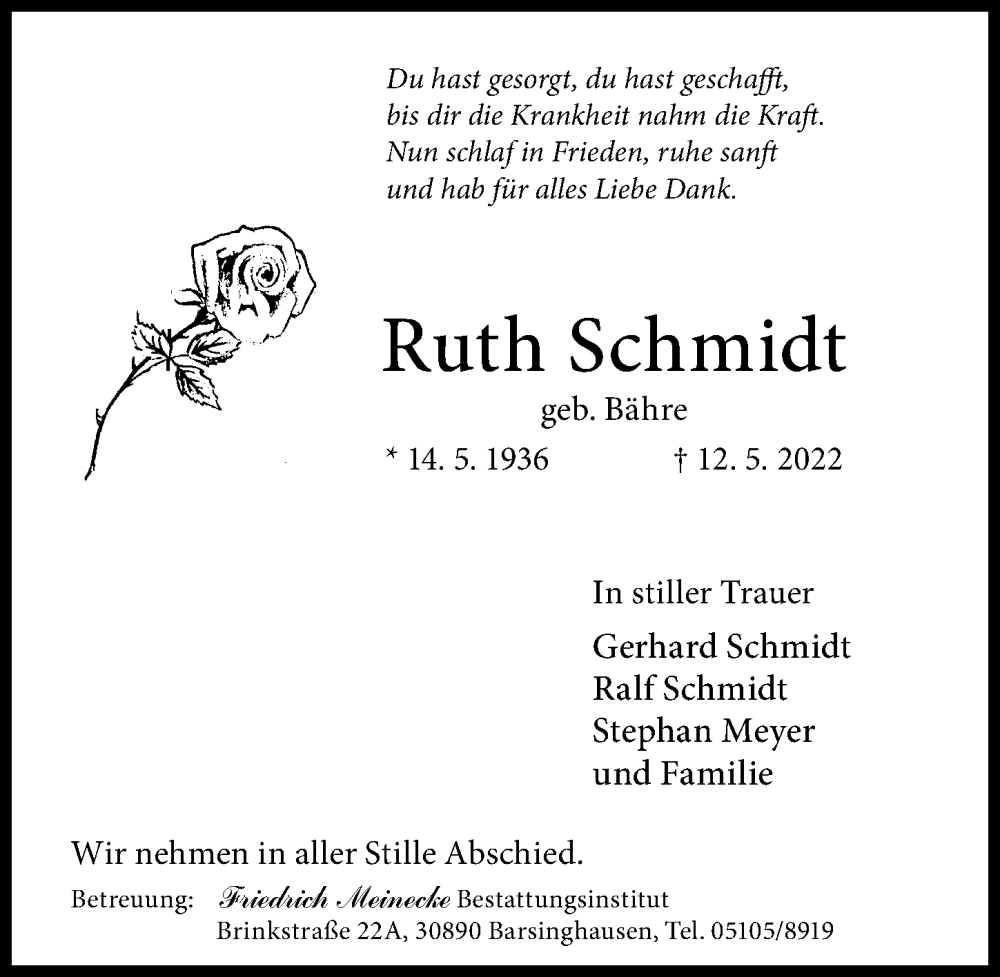  Traueranzeige für Ruth Schmidt vom 21.05.2022 aus Hannoversche Allgemeine Zeitung/Neue Presse