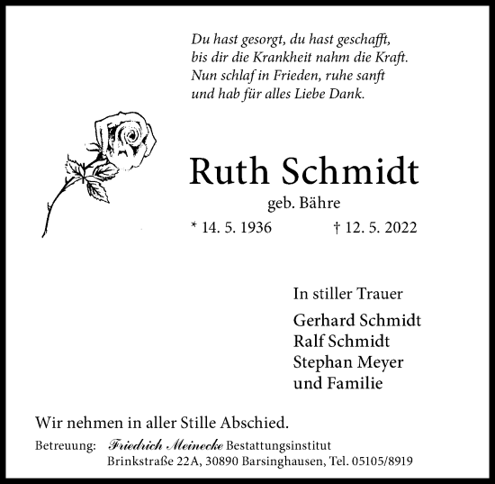 Traueranzeige von Ruth Schmidt von Hannoversche Allgemeine Zeitung/Neue Presse