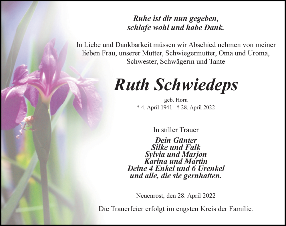  Traueranzeige für Ruth Schwiedeps vom 07.05.2022 aus Ostsee-Zeitung GmbH