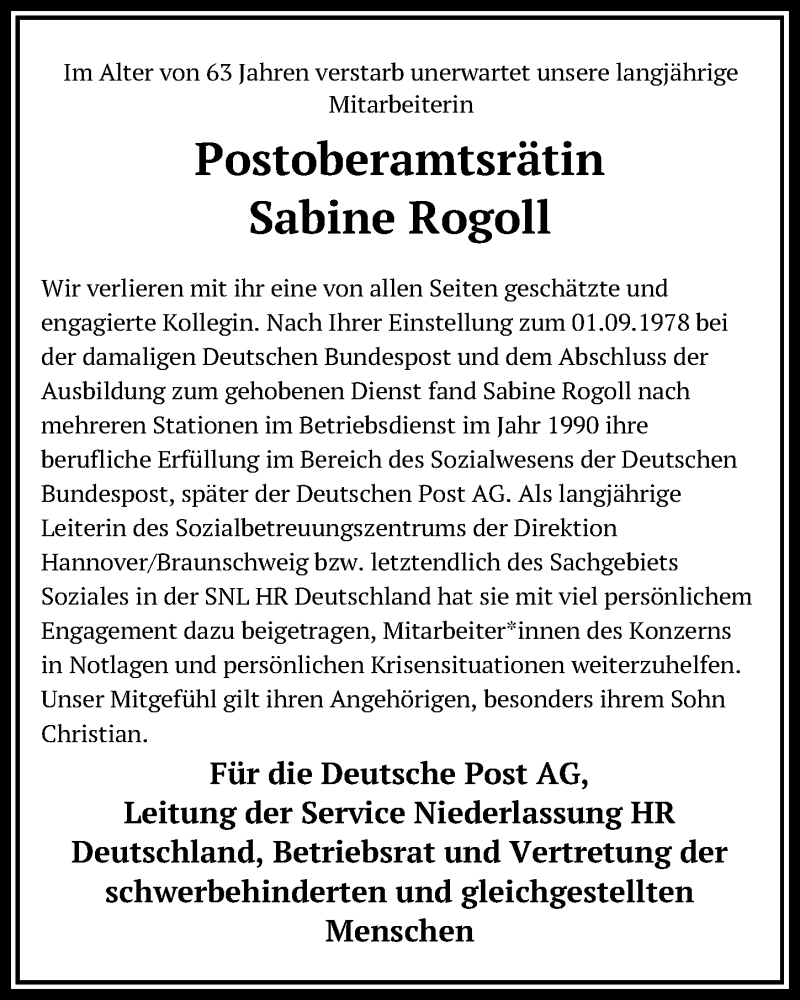  Traueranzeige für Sabine Rogoll vom 21.05.2022 aus Hannoversche Allgemeine Zeitung/Neue Presse