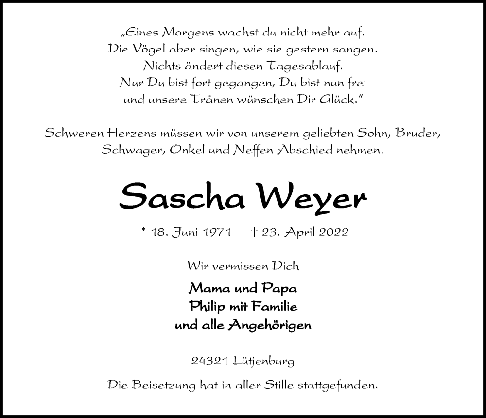  Traueranzeige für Sascha Weyer vom 14.05.2022 aus Kieler Nachrichten