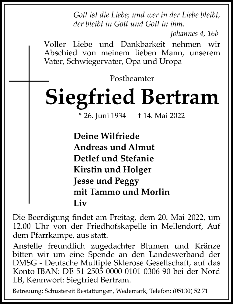  Traueranzeige für Siegfried Bertram vom 18.05.2022 aus Hannoversche Allgemeine Zeitung/Neue Presse
