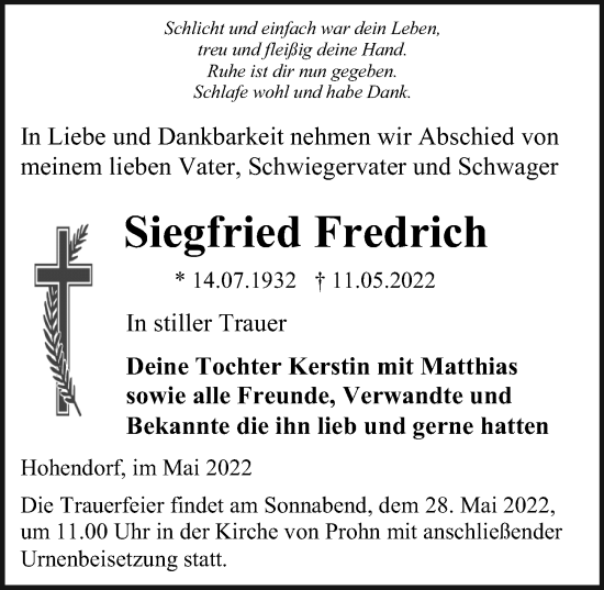 Traueranzeige von Siegfried Fredrich von Ostsee-Zeitung GmbH