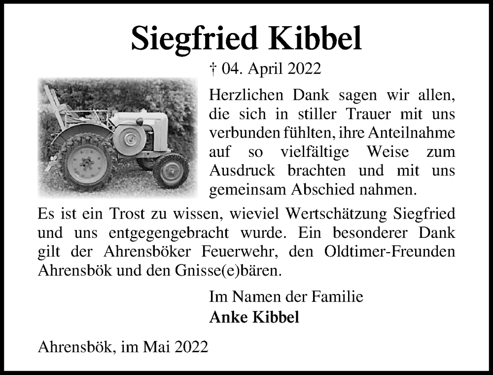  Traueranzeige für Siegfried Kibbel vom 14.05.2022 aus Lübecker Nachrichten