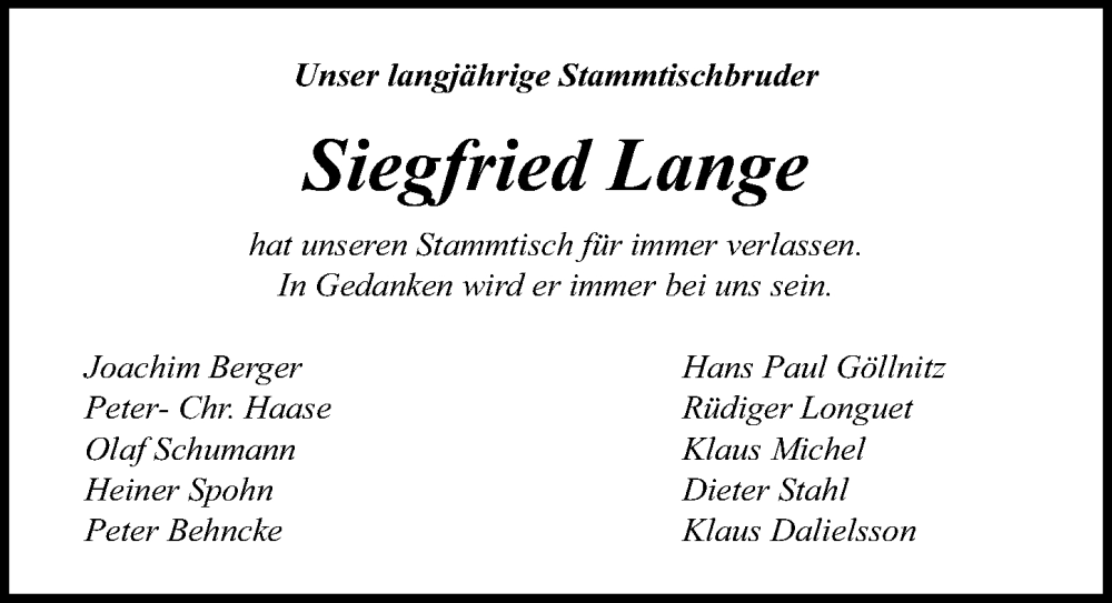  Traueranzeige für Siegfried Lange vom 22.05.2022 aus Lübecker Nachrichten