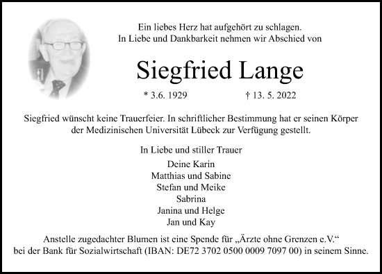 Traueranzeige von Siegfried Lange von Lübecker Nachrichten