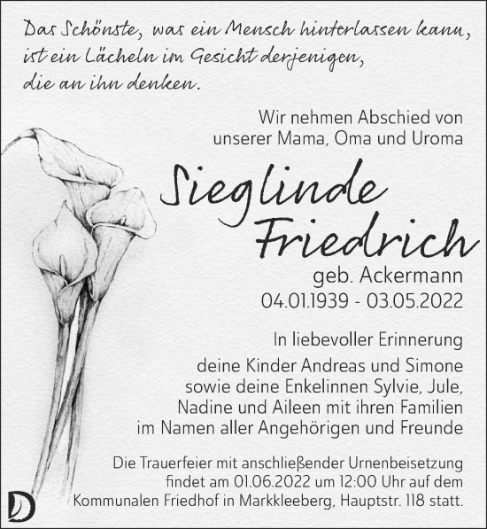 Traueranzeige von Sieglinde Friedrich von Leipziger Volkszeitung