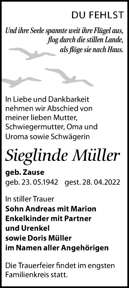 Traueranzeige von Sieglinde Müller von Leipziger Volkszeitung