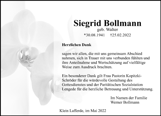 Traueranzeige von Siegrid Bollmann von Peiner Allgemeine Zeitung