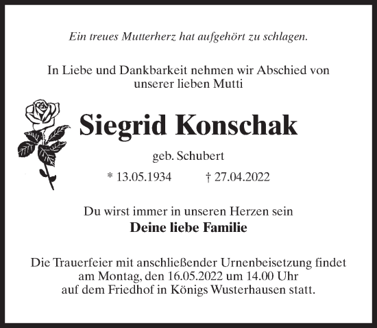 Traueranzeige von Siegrid Konschak von Märkischen Allgemeine Zeitung