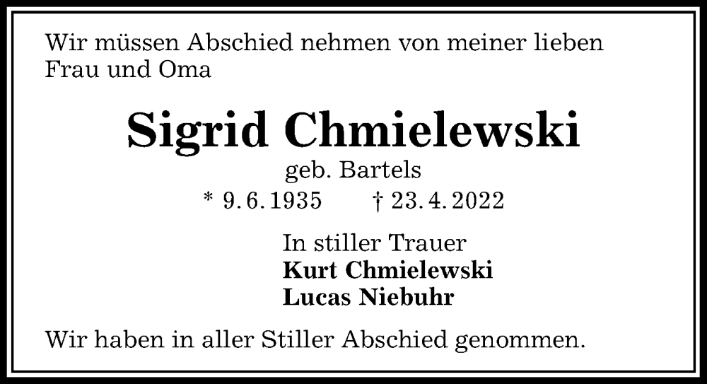  Traueranzeige für Sigrid Chmielewski vom 05.05.2022 aus Peiner Allgemeine Zeitung