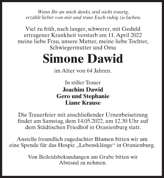 Traueranzeige von Simone Dawid von Märkischen Allgemeine Zeitung