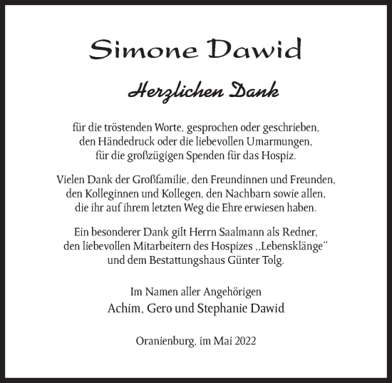 Traueranzeige von Simone Dawid von Märkischen Allgemeine Zeitung