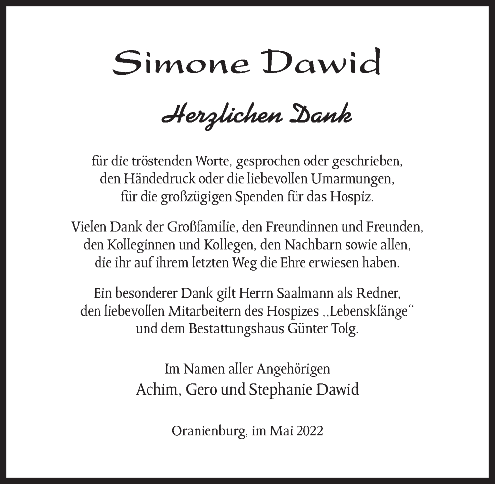  Traueranzeige für Simone Dawid vom 21.05.2022 aus Märkischen Allgemeine Zeitung