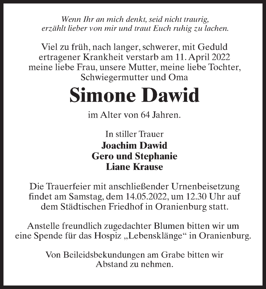  Traueranzeige für Simone Dawid vom 07.05.2022 aus Märkischen Allgemeine Zeitung