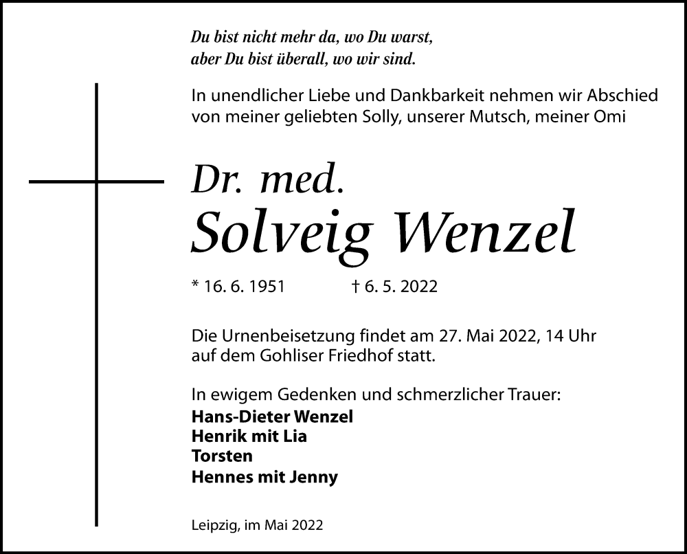  Traueranzeige für Solveig Wenzel vom 14.05.2022 aus Leipziger Volkszeitung