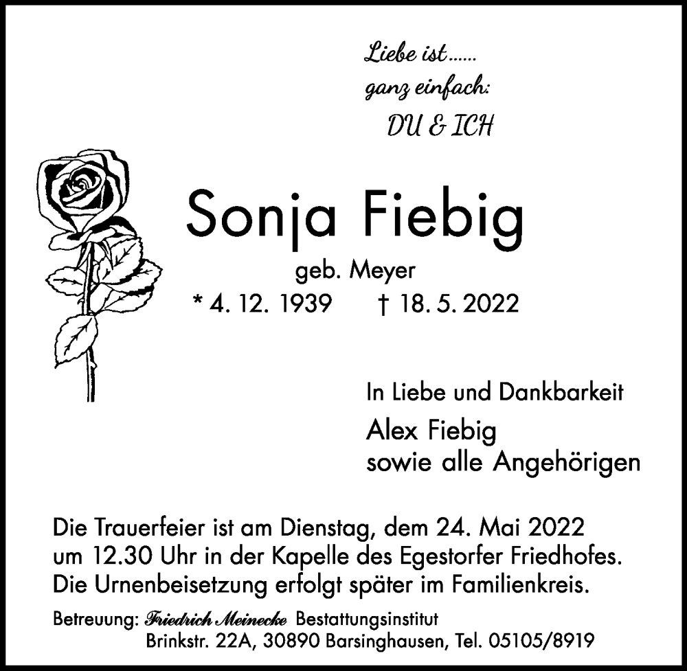  Traueranzeige für Sonja Fiebig vom 21.05.2022 aus Hannoversche Allgemeine Zeitung/Neue Presse