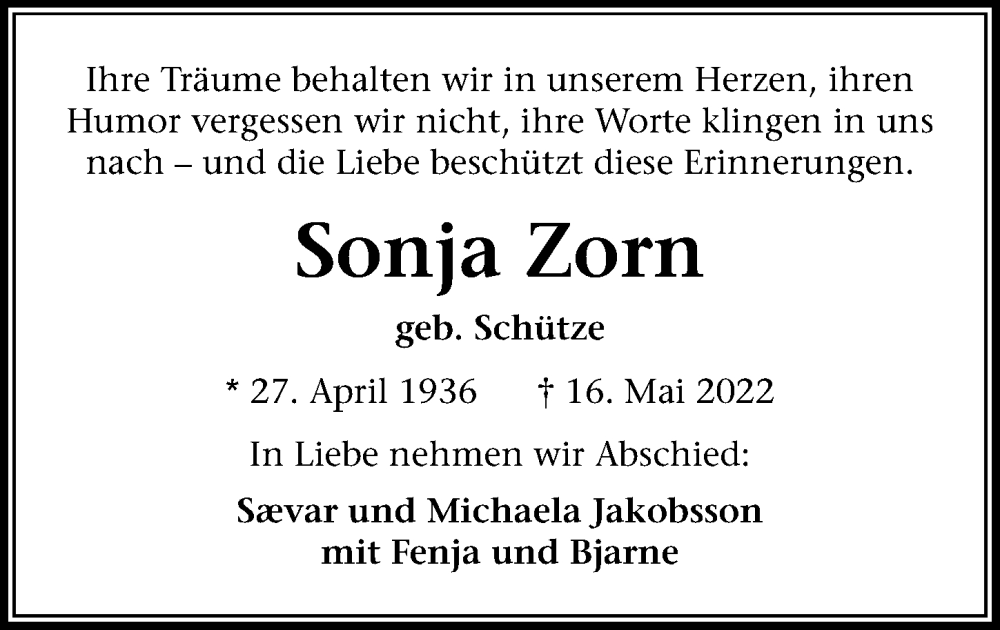  Traueranzeige für Sonja Zorn vom 22.05.2022 aus Lübecker Nachrichten