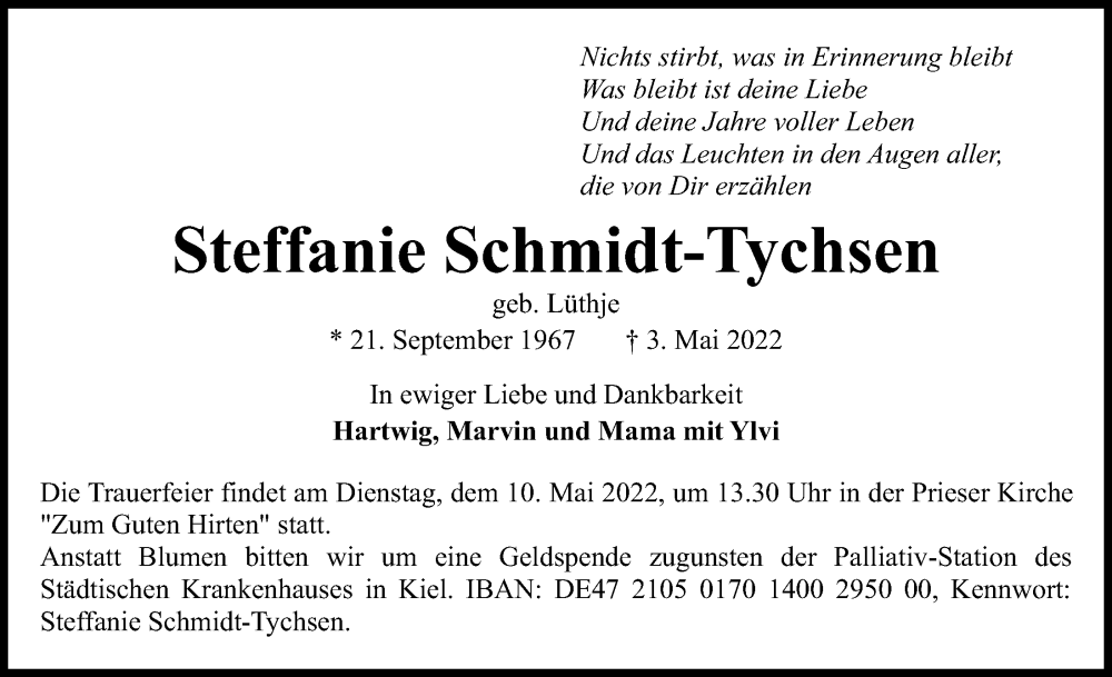  Traueranzeige für Steffanie Schmidt-Tychsen vom 07.05.2022 aus Kieler Nachrichten