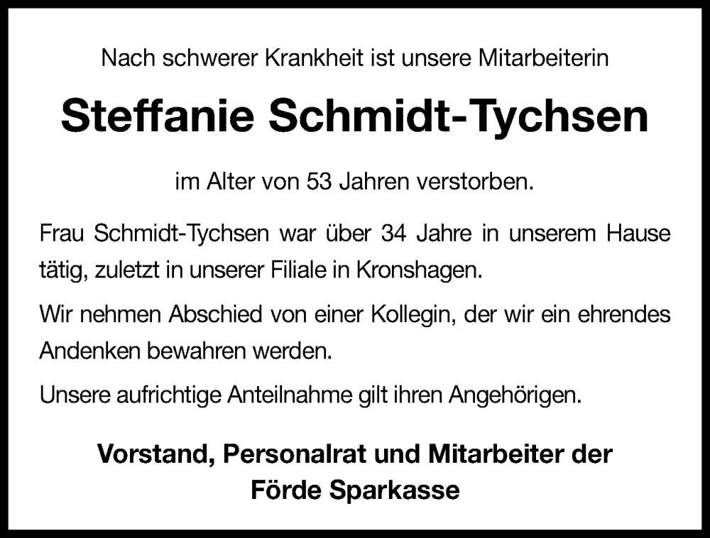  Traueranzeige für Steffanie Schmidt-Tychsen vom 07.05.2022 aus Kieler Nachrichten