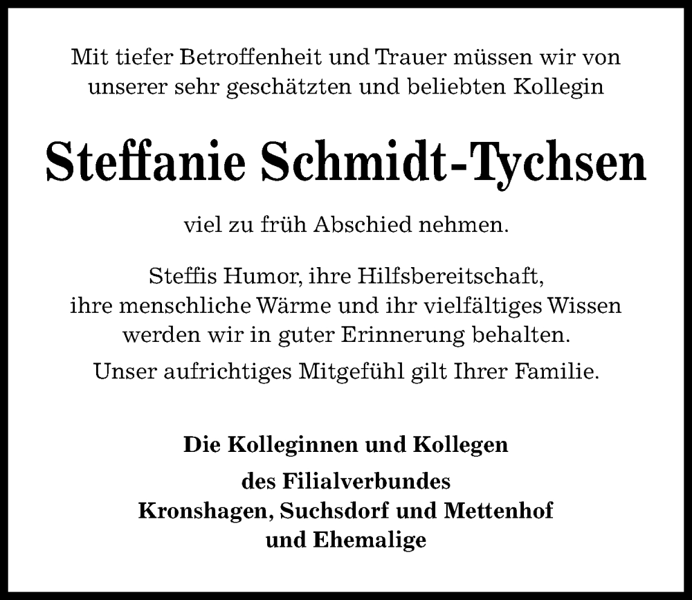  Traueranzeige für Steffanie Schmidt-Tychsen vom 07.05.2022 aus Kieler Nachrichten
