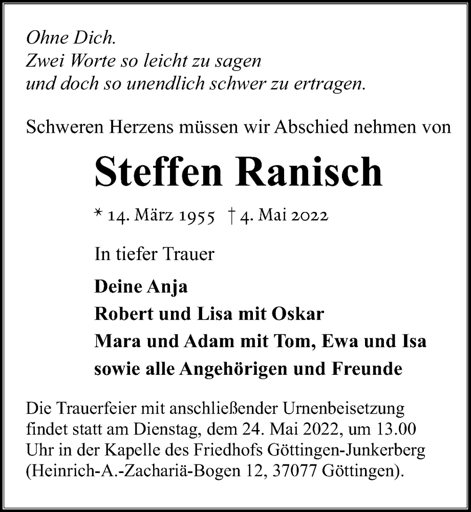  Traueranzeige für Steffen Ranisch vom 14.05.2022 aus Göttinger Tageblatt