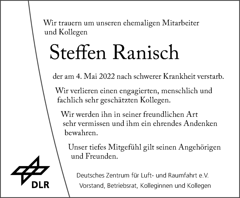  Traueranzeige für Steffen Ranisch vom 14.05.2022 aus Göttinger Tageblatt