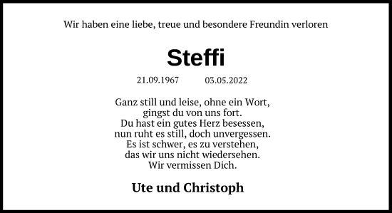 Traueranzeige von Steffi  von Kieler Nachrichten
