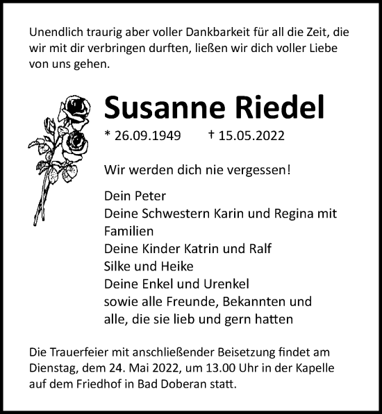 Traueranzeige von Susanne Riedel von Ostsee-Zeitung GmbH