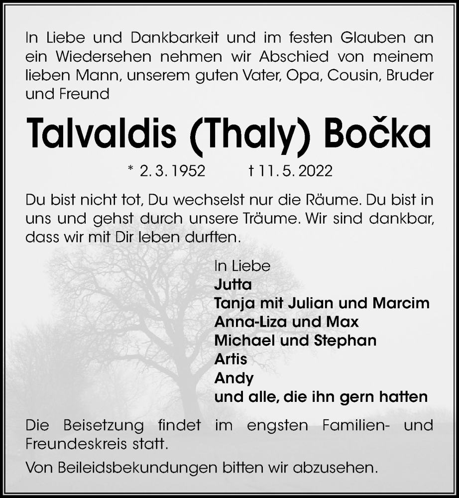  Traueranzeige für Talvaldis Bocka vom 14.05.2022 aus Kieler Nachrichten