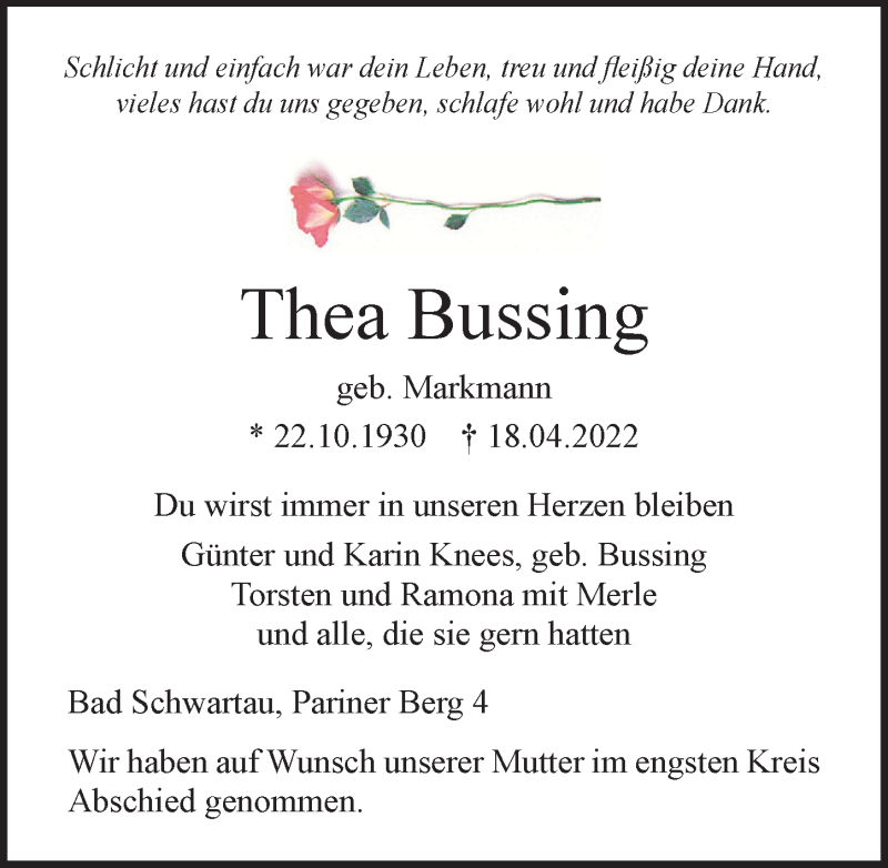  Traueranzeige für Thea Bussing vom 01.05.2022 aus Lübecker Nachrichten