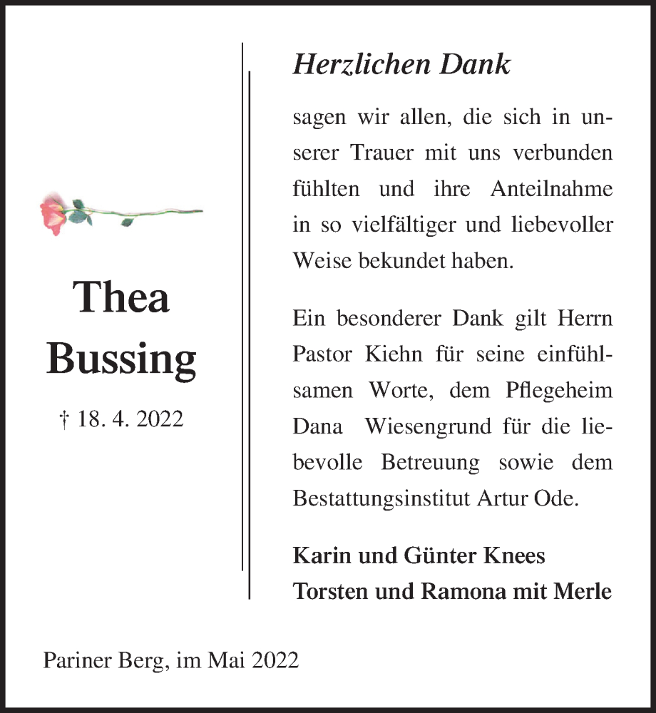  Traueranzeige für Thea Bussing vom 29.05.2022 aus Lübecker Nachrichten