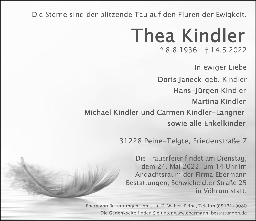  Traueranzeige für Thea Kindler vom 21.05.2022 aus Peiner Allgemeine Zeitung