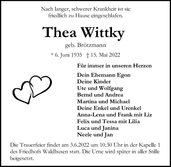 Traueranzeige von Thea Wittky von Lübecker Nachrichten